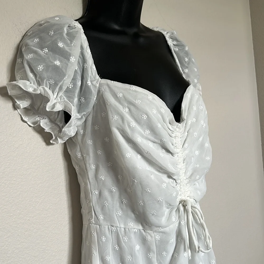 Princess Polly Mikail White Swiss Dot Puff Sleeve Sweetheart Neckline Mini Dress - Picture 8 of 12